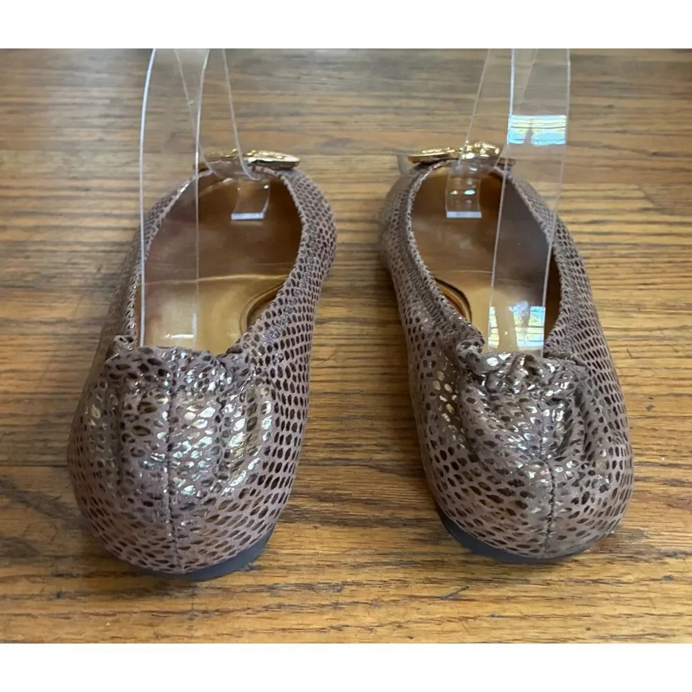 Tory Burch Reva Snake Tan Gray Gold Logo Leather Ballet Flats Shoes   Women's 7